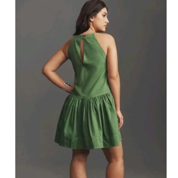 Pilcro Anthropologie Kayla Flounce Green Denim Drop Waist Mini Dress Sz M - Picture 2 of 13